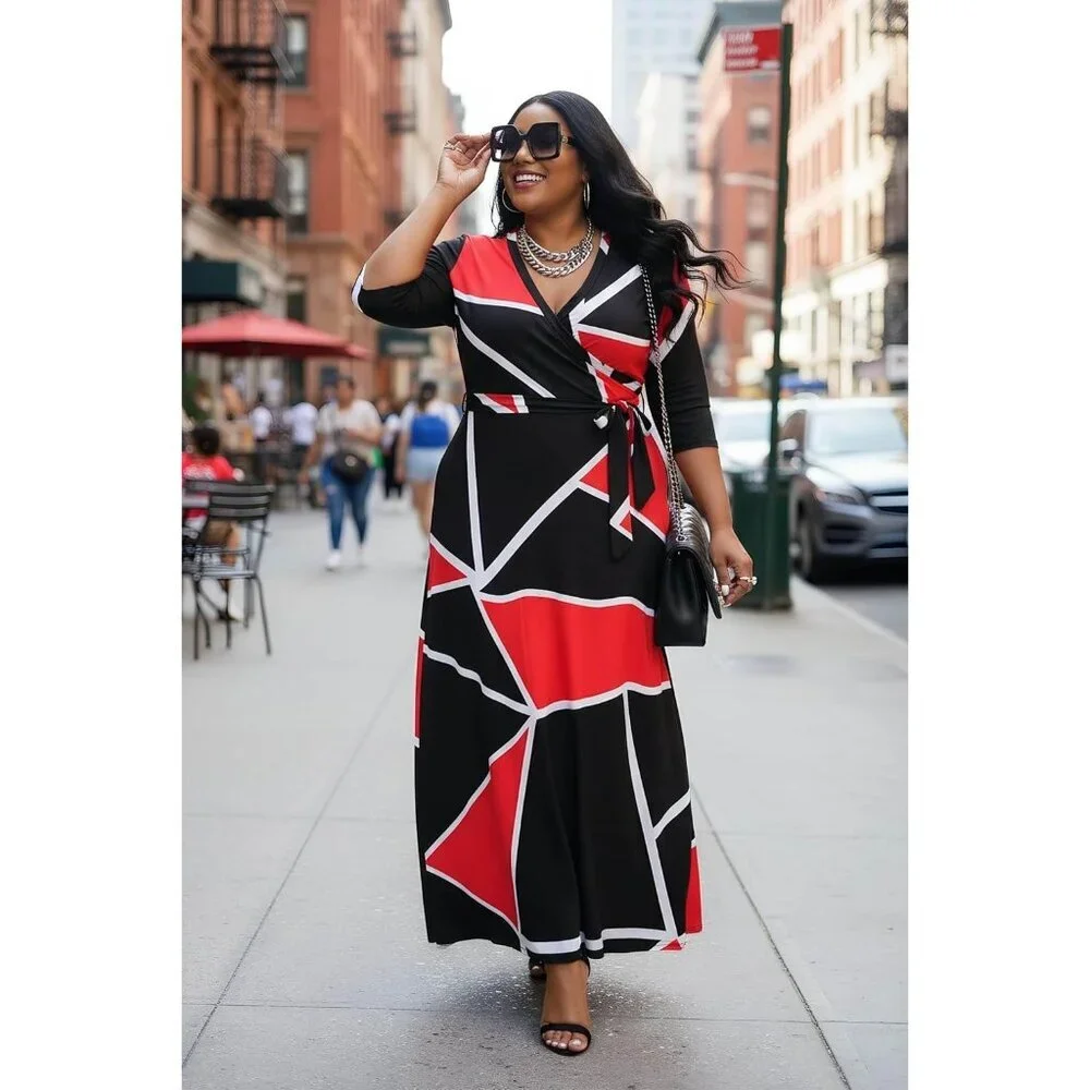 Women's Red Black Polyester Blend Floral 3/4 Sleeve With Belt Elegant Maxi - Picture 3 of 5